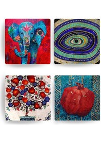 Resim Doğal Taş Bardak Altlığı Fil Nazar Nar Ağacı Nar Baskılı 4'lü Set Çok Renkli 