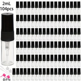 Resim 104'lü toptan paket, 2ml, 3ml ve 5ml boyutlarında yüksek kaliteli şeffaf cam parfüm şişeleri siyah atomizerli. Cilt bakımı ve parfümler için ultra ince sisli yeniden doldurulabilir cam sprey şişeler, seyahat eşyaları veya örnek denemeler için ideal. Ücretsiz ayırma aleti dahil 