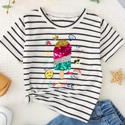 Resim Kızlar için Şık Çizgili Dondurma Grafikli Tişört - Rahat Polyester, Yuvarlak Yaka, Kısa Kollu Günlük Üst - İlkbahar/Yaz için Mükemmel 