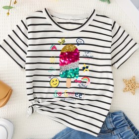 Resim Kızlar için Şık Çizgili Dondurma Grafikli Tişört - Rahat Polyester, Yuvarlak Yaka, Kısa Kollu Günlük Üst - İlkbahar/Yaz için Mükemmel 
