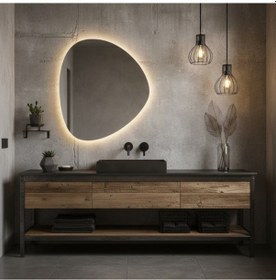 Resim 70x81 Cm Modern Asimetrik Led Li Banyo Aynası Dokunmatik, Dimmerli, 3000k Günışığı Sarı 