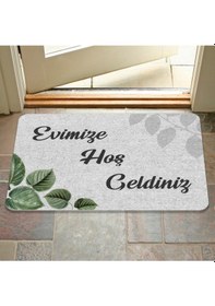 Resim Yeşil Yaprak Hoş Geldiniz Dekoratif Kapı Önü Paspası Gri 