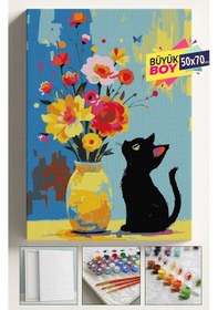 Resim Sayılarla Boyama Seti Numaralı Tuval Fırça Boya Dahil Kasnaklı Set 50x70 Cm - Vazo Ve Kedi 