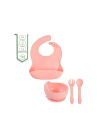 Resim Çocuk Silikon Mama Önlüğü, Silikon Vakumlu Kase, Silikon Kaşık Ve Çatal / Pembe 
