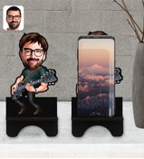 Resim Bk Gift Kişiye Özel Erkek Gitarist Karikatürlü Ahşap Biblo Telefon Standı-1 