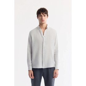 Resim AVVA Erkek Buz Gri Düğmeli Yaka %100 Keten Comfort Fit Gömlek B002191 