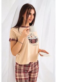 Resim Natali Kedi Desenli Kare Pamuklu Ev Pijaması, Kapri Pantolonlu 143535844 Açık Bej 