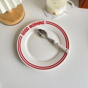 Resim Kırmızı Çizgili "Günaydın" Tasarımlı İskandinav Seramik Akşam Yemeği Tabakası - Salata, Biftek, Tatlı, Kahvaltı ve Günlük Kullanım İçin Yuvarlak Beyaz Seramik Tabak | Bayram Sofrası Servisi 