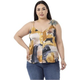 Resim Büyük Beden Ayarlanabilir İnce Askılı Önü Düğmeli Batik Desenli Hardal Bluz-hardal Hardal 