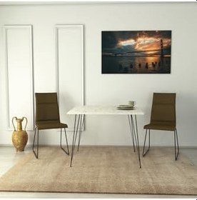 Resim Sandalf Metal Ayaklı Mutfak Masası, Kare 90X90, Beyaz Mermer 