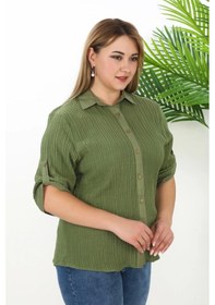 Resim Lady Majestic %100 Cotton Büyük Beden Kadın Müslin Kumaş Gömlek Haki 