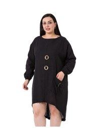 Resim Disentis Büyük Beden Toka Detaylı Kol Ağzı Lastikli Arkası Uzun Keten Tunik Elbise-Siyah 