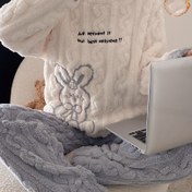 Resim Kışlık Kadınlar İçin Sıcak Polar Pijama Takımı, Sevimli Tavşan Desenli Rahat Ev Kıyafeti 