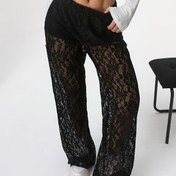 Resim Kadınların Zarif Dantel Düz Bacaklı Pantolonları, Polyester %95.00 Spandeks %5.00, Geometrik Desen, Örgü Kumaş, Kontrast Dantel Detaylı, Bahar/Yaz/Sonbahar İçin 