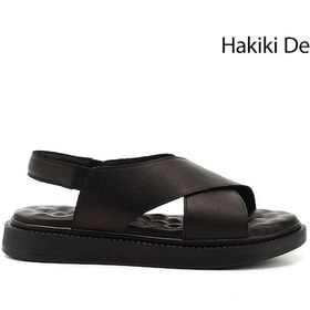 Resim Gönderi R Siyah Çapraz Bantlı Dolgu Taban Hakiki Deri Comfort Sandalet Siyah 