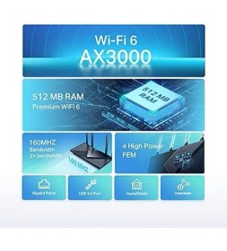 Resim Mena Rise Archer AX55, AX3000 Mbps Dual Band Wi-Fi 6 Router, Fiber Destekli, 4× Gigabit Lan Ports, Wpa3, 1× USB 3.0 Port, Oyun Için Ideal Xbox/ps4/8k Steam 