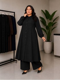 Resim soBasic Büyük Beden Tesettür İkili Takım Çilek Kumaş Rahat Kalıp Beli Lastikli Pantolonlu Tunik Takım 