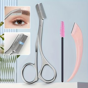 Resim Kadınlar ve Erkekler için 3 adet Paslanmaz Çelik Kaş Kesme Kiti - Cımbız, Spoolie Fırça ve Küçük Makas dahil - Kaşları Bakım ve Şekillendirmek İçin İdeal - Kaş Bakım Kiti|Zarif Metalik Bitiş|Ergonomik Tutma Kavramı, Kaş Kesme Araçları 