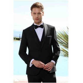 Resim Morven Erkek Siyah Poliviskon Ceromonia Santorini Slim Fit Şal Yaka Damatlık Siyah 