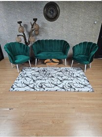 Resim Zafir Papatya Çay Seti Koltuk Takımı Beyaz Boyalı Sivriltme Ayak, Balkon, Salon, Ofis, Cafe Koltuk Takımı Yeşil 