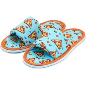 Resim Chochili Unisex Mavi Pizza Desenli Önü Açık Yumuşak Tabanlı Ev Terlik 