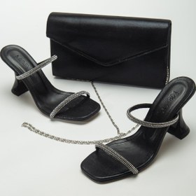 Resim SOFT FASHION Kadın Siyah Taşlı Terlik ve Çanta Kombin Topuk 7 cm 