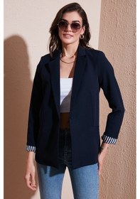 Resim Lela Standart Fit Mono Yaka Desenli Astar Detaylı Blazer Bayan Ceket 6524003 Lacivert 