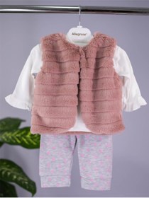 Resim MinikButik Kız Bebek Gül Kurusu Peluş Yelekli Üçlü Takım 