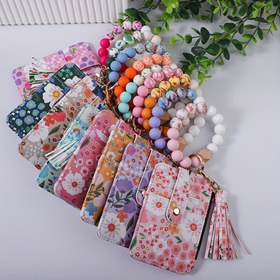 Resim Çiçekli Charm] Çiçekli Boncuklu Bileklik Anahtarlık Cüzdan - PU Deri Bozuk Para Cüzdanı Püsküllü, Renkli Kart Tutucu & Anahtarlık Kadınlar İçin, Anne veya Arkadaşlar İçin Mükemmel Hediye, Dekoratif Cüzdan | Eğlenceli Anahtarlık | Canlı Renkler, Cüzdan Süsleri 