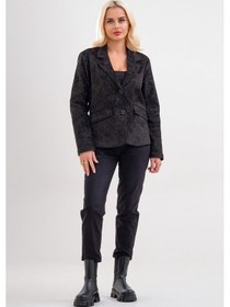 Resim Bold & Young Kadın Baskılı Kadife Blazer Ceket Likralı Pamuklu Kumaş, Astarlı, Çift Cepli Kadife Desenli Siyah 