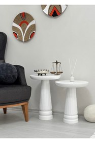 Resim AYLESA Doğal Ahşap 2’li Set Mantar Yan Sehpa Modern Beyaz Renk Fiskos Zigon Çiçeklik 