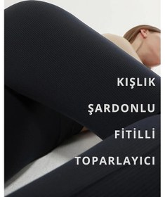 Resim Fit & Fit Tayt Yüksek Bel Geniş Kemer Toparlayıcı Içi Polarlı Kışlık Fitilli Tayt Fitilli Siyah 