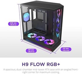 Resim NZXT H9 Flow RGB+ (2025) - Büyük Çift Odacıklı ATX Orta Kule Hava Akımı PC Kasası - 7 RGB Fan (6 x 140mm, 1 x 120mm) ve Kontrol Göbeği - 420mm Radyatör Desteği - Geri Bağlanmaya Hazır - Siyah 
