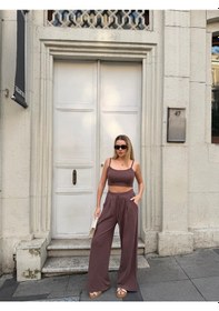 Resim Bonacosa Kadın Viskon 3 Lü Takım Kimono + Beli Lastikli Salaş Pantolon + Crop 8 Renk Kahverengi 