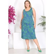 Resim Kadın Mavi Yeşil Labirent Desenli Askılı Büyük Beden Elbise Mavi 