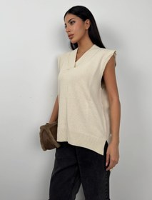 Resim V Yaka Bej Oversize Süveter - S 