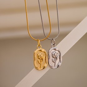 Resim 2 Adet Kadın Moda Takı Seti: Fransız Vintage Kuşaklı Lale Kolye, Titanyum Çelik Gül Desenli Klavis Zinciri - Bayanlar için Şık Doğum Günü Hediyesi 