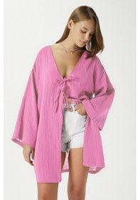 Resim Ritnice Kadın Sandra %100 Pamuk Müslin Bağcıklı Pembe Kimono Pembe 