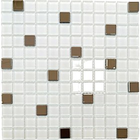 Resim Mutfak Tezgah Arası ve Iç Mekan Kaplama ve Dekorasyon Uygulamalarında Tüm Yüzeyler Için, 23X23MM. Beyaz-Gümüş Krom Mix. 30X30CM. Fileli Kristal Mozaik. 