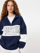 Resim Oversize Sweatshirt Yarım Fermuarlı Kolej Baskılı Renk Bloklu Uzun Kollu Şardonlu 
