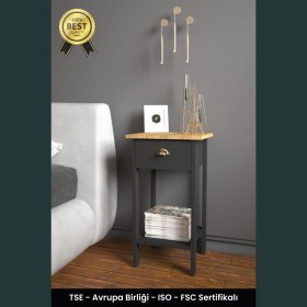 Resim B3 Concept Retro Serisi Özel Tasarım Tek Çekmeceli Yatak Yanı Komodin Siyah & Safir Meşe 