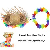 Resim Hawaii Tarzı Set - Tropikal Çiçekli Hasır Şapka ve Çiçekli Hawaii Kolye 