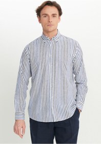 Resim AC&Co / Altınyıldız Classics Erkek Beyaz Lacı Pamuklu Keten Regular Fit Normal Kesim Düğmeli Yaka Çizgili Gömlek Beyaz Lacı 