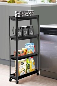 Resim Slim 4 Katlı Tekerlekli Raf Ünitesi - Dar Alanlar İçin Mutfak & Banyo Organizer - Baharatlık & Havluluk Düzenleyici - Plastik - Siyah 