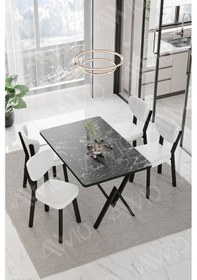 Resim Avvio Carla Elma Sandalye 80x120 Yemek Masası Mutfak Masası 4 Kişilik Masa Sandalye Takım Siyah Mermer 