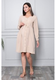 Resim Busa Hamile Önden Düğmeli Ve Bağcıklı Uzun Kollu Viskon Elbise Bej 