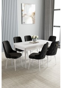 Resim Jusie Beyaz 80x132 Açılabilir Yemek Odası Takımı 6 Adet Sandalye Siyah 