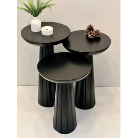 Resim Wood Wooden Siyah Ahşap 3lü Set Fitilli Mantar Yan Sehpa Modern Siyah Renk Fiskos 