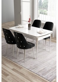 Resim Canisa Tia Serisi 80x132 Açılabilir Mdf Beyaz Gold Detay Mutfak Masa Takımı Ve 6 Lacivert Sandalye Masa Beyaz Sandalye Lacivert 