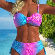 Resim Renkli leopar desenli iki parçalı kadın bikini seti, seksi yüksek bel plaj kıyafeti, trend ve rahat kesim, deniz kenarı için mükemmel, 25SS yaz modası 